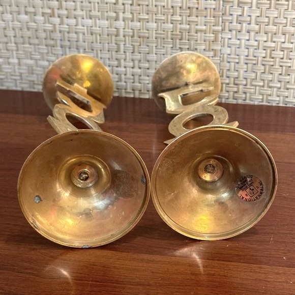 🎄🌟HP🌟VTG 1995 2 Handmade Solid Brass J-O-Y Candlestick Holders Int Silver - Picture 8 of 10